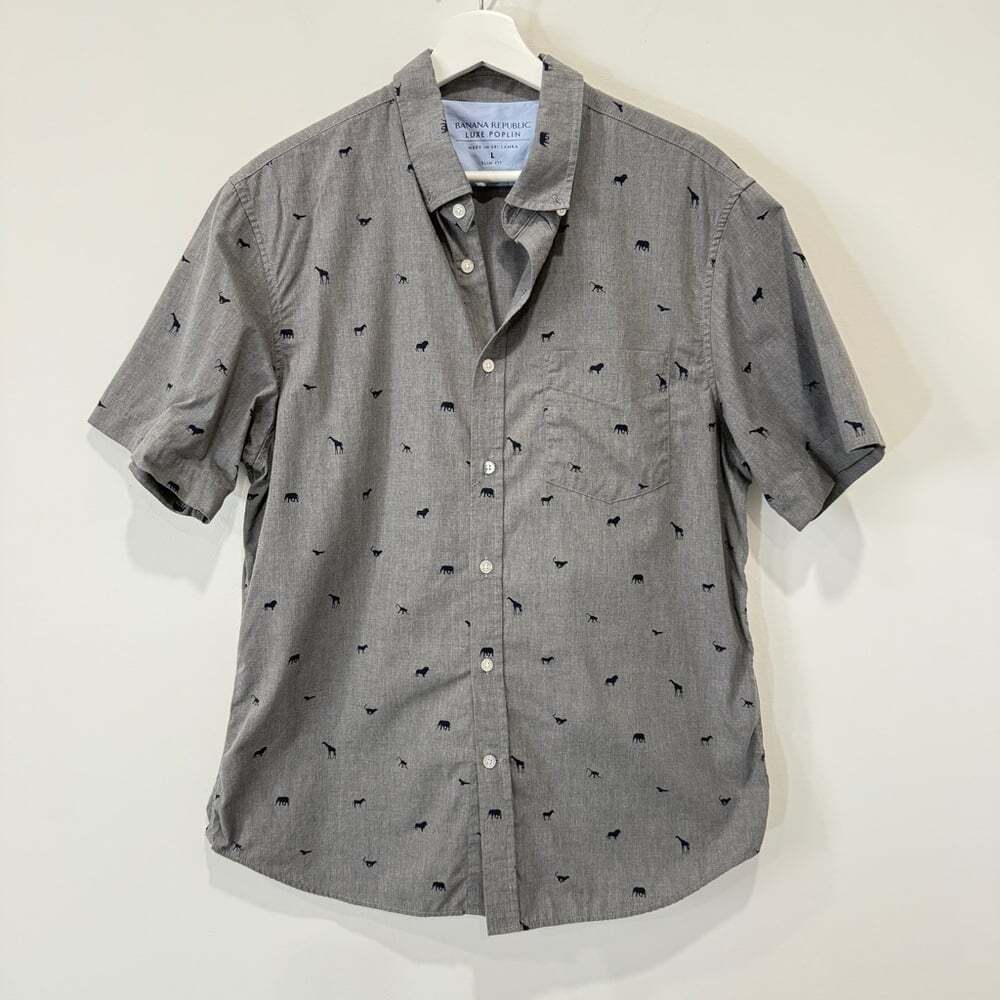 Banana Republic Luxe Poplin Slim Fit Casual Shirt Gray Safari Patterned Size L